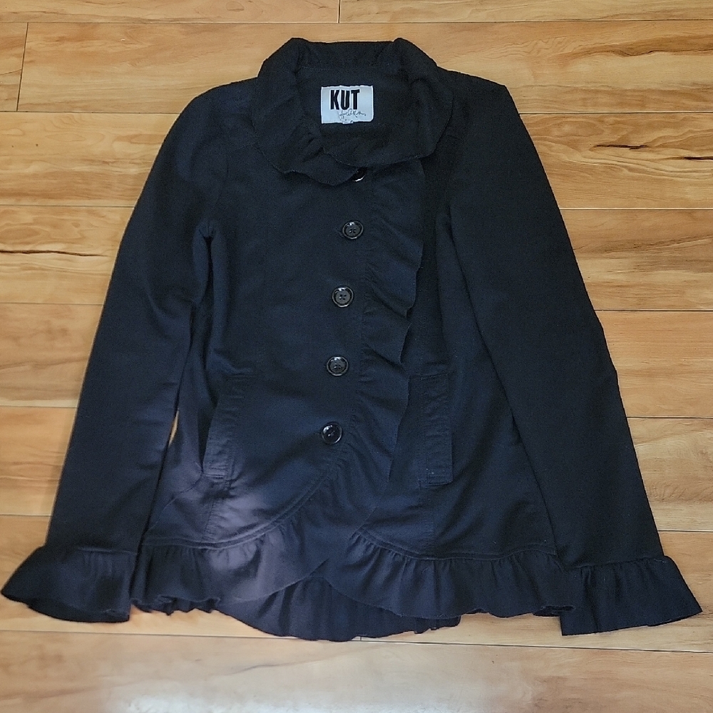 Kut from the Kloth Size SMALL Black Tabitha Jacket French Terry Ruffle